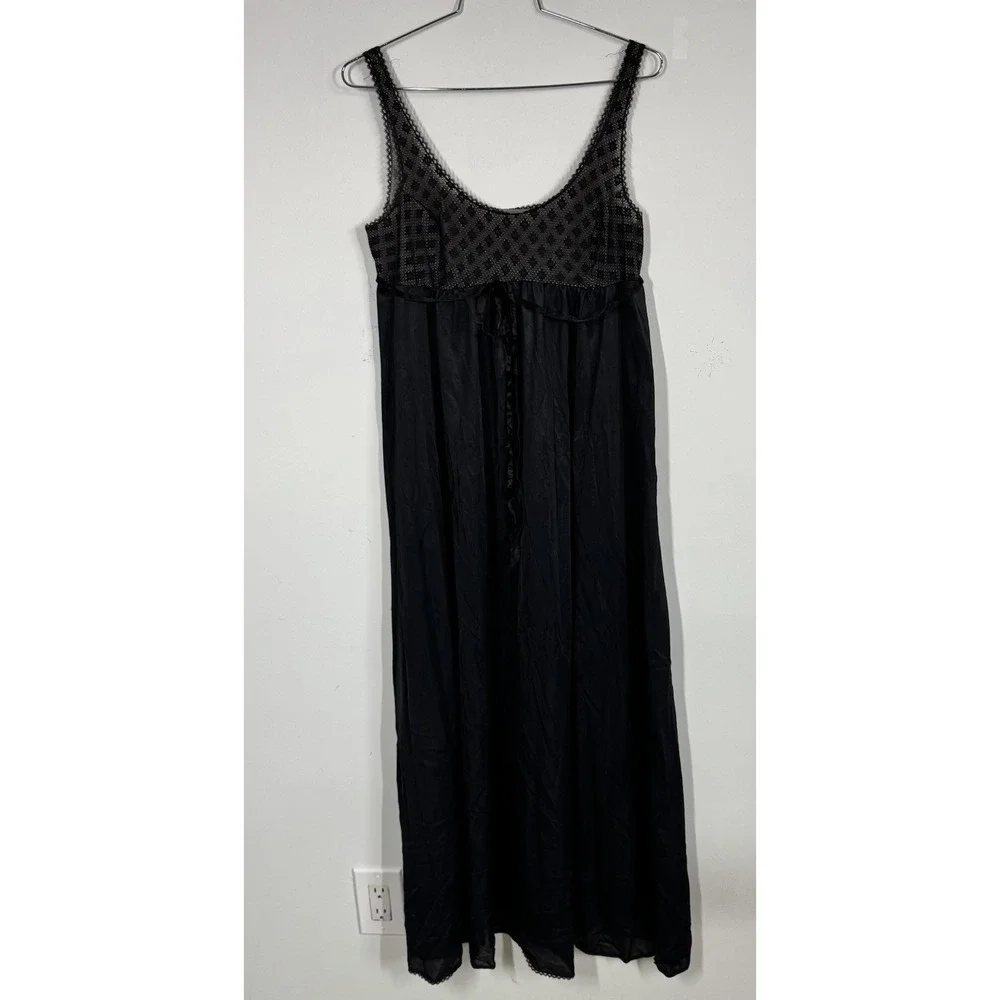 VTG 70s Formfit Rogers Black Maxi Slip Dress Negligee Peignoir Nightgown Lace‎ M
